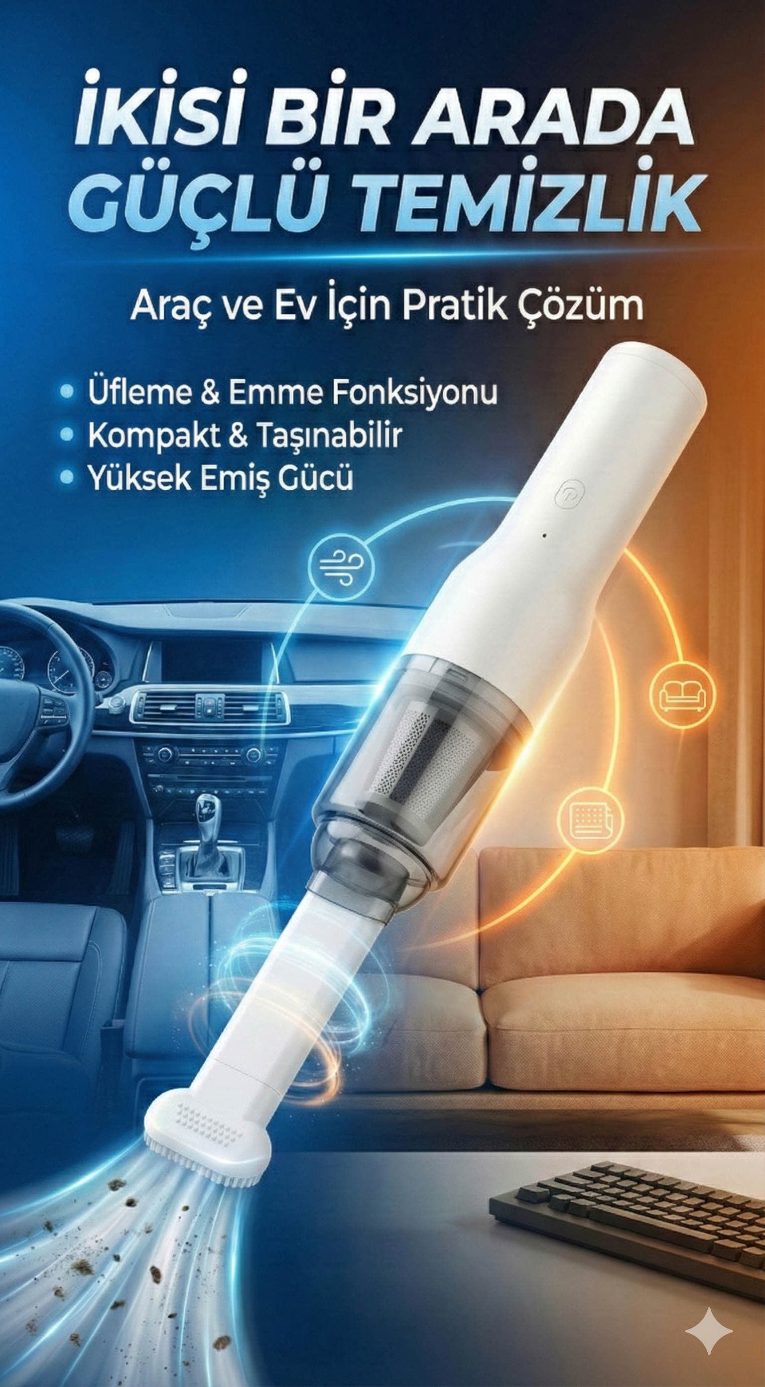 Şarjlı Mini Araç İçi Süpürge